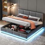 Lit coffre adulte 160x200 cm - okwish - lit double avec led sommier à lattes - simili cuir - gris (sans ... Lit coffre adulte 160x200 cm - okwish - lit double avec led sommier à lattes - simili cuir - gris (sans ...