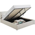 Lit coffre adulte 160x200 cm avec t�te de lit matelass�e en velours c�tel� beige et sommier - tina