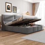 Lit coffre - scandinave - 180 x 200 cm - tissu en flanelle - cadre en pin - sommier inclus