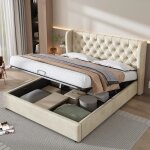 Lit coffre - leytn - 180x200 cm - velours beige - tiroirs de rangement - sommier  lattes inclus