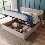 Lit coffre adulte 180x200 cm - modernluxe - tissu lin beige - tête de lit à ailes - sommier à lattes Lit coffre adulte 180x200 cm - modernluxe - tissu lin beige - tête de lit à ailes - sommier à lattes