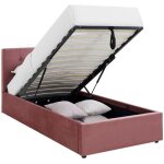 Lit coffre adulte 90x190 cm avec t�te de lit matelass�e en velours rose et sommier - tina