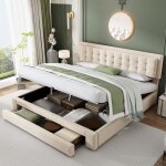 Lit coffre adulte modernluxe - 2 tiroirs - sommier � lattes - tissu velours beige - 180x200cm