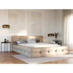 Lit coffre capitonn� 140 x 190 cm - tissu chin� - beige + matelas - leruco
