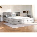 Lit coffre capitonn� 140 x 190 cm - tissu chin� - gris clair + matelas - leruco