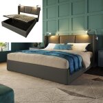 Lit double 140x200 avec t�te de lit rechargeable usb et lampes lit adulte avec sommier � lattes tissu ...