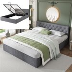 Lit coffre double 140 x 200 cm - 2 personnes - style scandinave - a lattes - gris