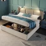 Lit coffre double 140 x 200 cm en lin beige coffre de rangement avec lampe de lecture et usb sommier ...