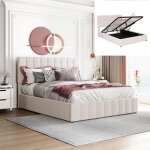 Lit double 140 x 200 cm en velours lit adulte t�te de lit r�glable - rangement hydraulique - blanc