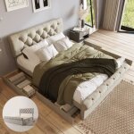 Lit coffre double 140x200 cm t�te de lit r�glable en hauteur lit coffre adulte avec 4 tiroirs tissu en ...