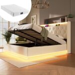 Lit coffre double 160x200 cm - jaerliub - blanc - avec matelas - led 360 surround - contemporain