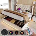 Lit coffre double 160 x 200 cm avec led et usb c lit adulte avec hydraulique de rangement coton beige ...