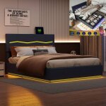 Lit coffre double 160 x 200 cm - leww - avec lampe led et usb - sommier à lattes - noir Lit coffre double 160 x 200 cm - leww - avec lampe led et usb - sommier à lattes - noir