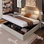 Lit coffre double 160 x 200 cm en lin beige coffre de rangement avec lampe de lecture et usb sommier ...