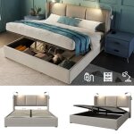 Lit coffre double 160 x 200 cm en lin beige coffre de rangement avec lampe de lecture et usb sommier ... Lit coffre double 160 x 200 cm en lin beige coffre de rangement avec lampe de lecture et usb sommier ...