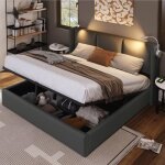 Lit coffre double 160x200 cm en similicuir gris coffre de rangement avec lampe de lecture et usb sommier ...
