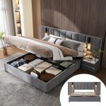 Lit coffre double 160x200cm - jaerliub - tte de lit damier - lampe de lecture usb - gris