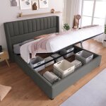 Lit coffre double 160x200cm en lin gris sommier  lattes en bois massif dsign rayures verticales sur ...