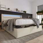 Lit coffre double 160x200cm en similicuir avec led coffre de rangement sommier  lattes inclus pour adulte ...