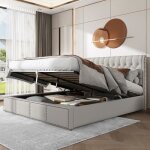 Lit coffre double 180 x 200 cm avec coffre de rangement tissu en coton - lin sommier à lattes inclus ... Lit coffre double 180 x 200 cm avec coffre de rangement tissu en coton - lin sommier à lattes inclus ...