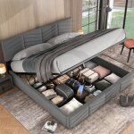 Lit coffre double - 2 personnes - 160x200 cm - sommier  lattes - tte de lit rglable - style rayures ...