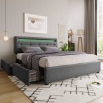 Lit coffre avec led 140 x 200 cm bois et m�tal lit double avec 2 tiroirs sommier � lattes et t�te de ...