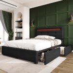 Lit coffre avec led - modernluxe - 90 x 200 cm - bois massif - 2 tiroirs - noir