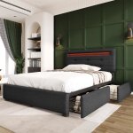 Lit coffre avec led 90 x 200 cm bois et m�tal lit double avec 2 tiroirs sommier � lattes et t�te de lit ...