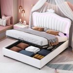 Lit coffre - leytn - 140 x 200 cm - cuir pu - lumires led - espace de stockage