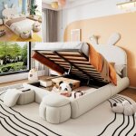 Lit coffre - leytn - 140 x 200 cm - velours beige - 2 tabourets de rangement - lumire led rglable