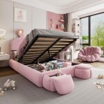 Lit coffre - leytn - 140 x 200 cm - velours rose - tte de lit led - 2 tabourets de rangement