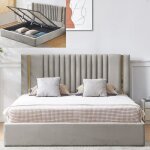 Lit coffre m�tal or et velours kaufman - velours gris - 180x200