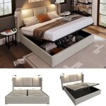 Lit coffre 140x200 cm avec sommier � lattes lampes de lecture et ports usb tissu en lin beige