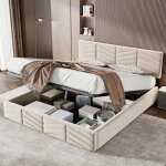 Lit coffre - modernluxe - 140x200 cm - t�te de lit r�glable - tissu en velours - beige
