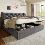 Lit coffre 160x200 cm lit adulte avec sommier � lattes tissu en coton gris (sans matelas)