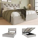 Lit coffre 160x200 cm lit adulte avec sommier � lattes tissu en coton gris clair (sans matelas)