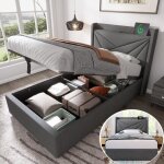 Lit coffre - lit une place - 1 personne 90x200 cm - chargement usb et type c - tissu en lin - gris