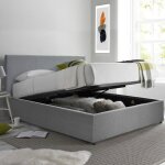 Lit coffre prestige 160 x 200 by sampur tissu gris clair sommier � lattes en bois + t�te de lit inclus ...