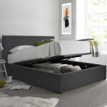 Lit coffre prestige 160 x 200 by sampur tissu gris fonc� sommier � lattes en bois + t�te de lit inclus ...