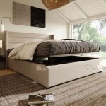 Okwish lit coffre en lin beige 140x200 cm lit adulte avec rangement - avec sommier � lattes (sans matelas ...