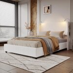 Lit coffre rembourr� en velours c�tel� blanc avec sommier 140�200cm cadre de lit 2 personnes avec led ...