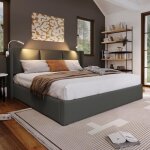 Lit coffre - lunex home - 140x200 cm - simili - cuir gris - t�te de lit r�glable - charge usb