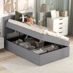 Lit coffre simple 90x200cm en lin gris ouverture latral sommier  lattes en bois lit enfant lit rembourr ...