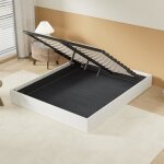 Lit coffre avec sommier 160 x 200 cm lattes en bois grand espace de rangement sous le lit. tissu blanc ... Lit coffre avec sommier 160 x 200 cm lattes en bois grand espace de rangement sous le lit. tissu blanc ...
