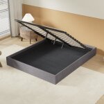 Lit coffre avec sommier 160 x 200 cm lattes en bois grand espace de rangement sous le lit. tissu gris ... Lit coffre avec sommier 160 x 200 cm lattes en bois grand espace de rangement sous le lit. tissu gris ...