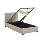 Lit coffre avec sommier � lattes et t�te de lit. finition tissu beige. l 202 x p 97. 5 x h 86cm