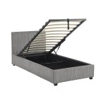 Lit coffre avec sommier � lattes et t�te de lit. finition velours c�tel� gris. l 202 x p 97. 5 x h 86cm ...