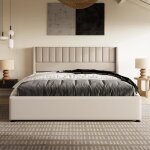 Lit coffre 180x200 cm lit de rangement lit rembourr� hydraulique lit avec sommier lit double lin beige ...