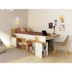 Lit combin 90 x 200 cm avec bureau et rangements - blanc et naturel - paloma