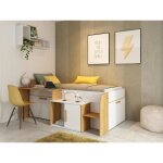 Lit combin� 90 x 200 cm avec bureau et rangements - coloris : blanc et naturel + sommier - pedro